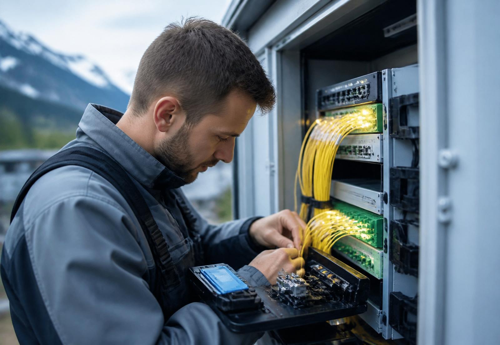 Techniker beim Spleissen von Glasfasern an einem Verteilerkasten