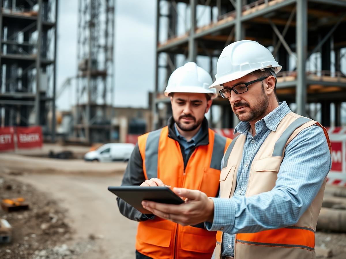 Projektleiter besprechen Netzpläne auf der Baustelle